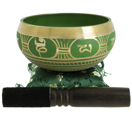 Tibetan Singing Bowl with Symbols - Green, 13,5 cm