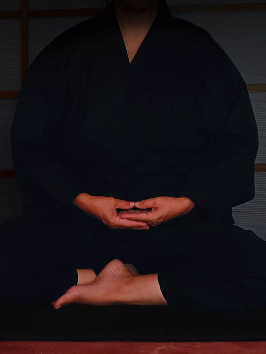 Persona meditando en postura de loto con paisaje tranquilo