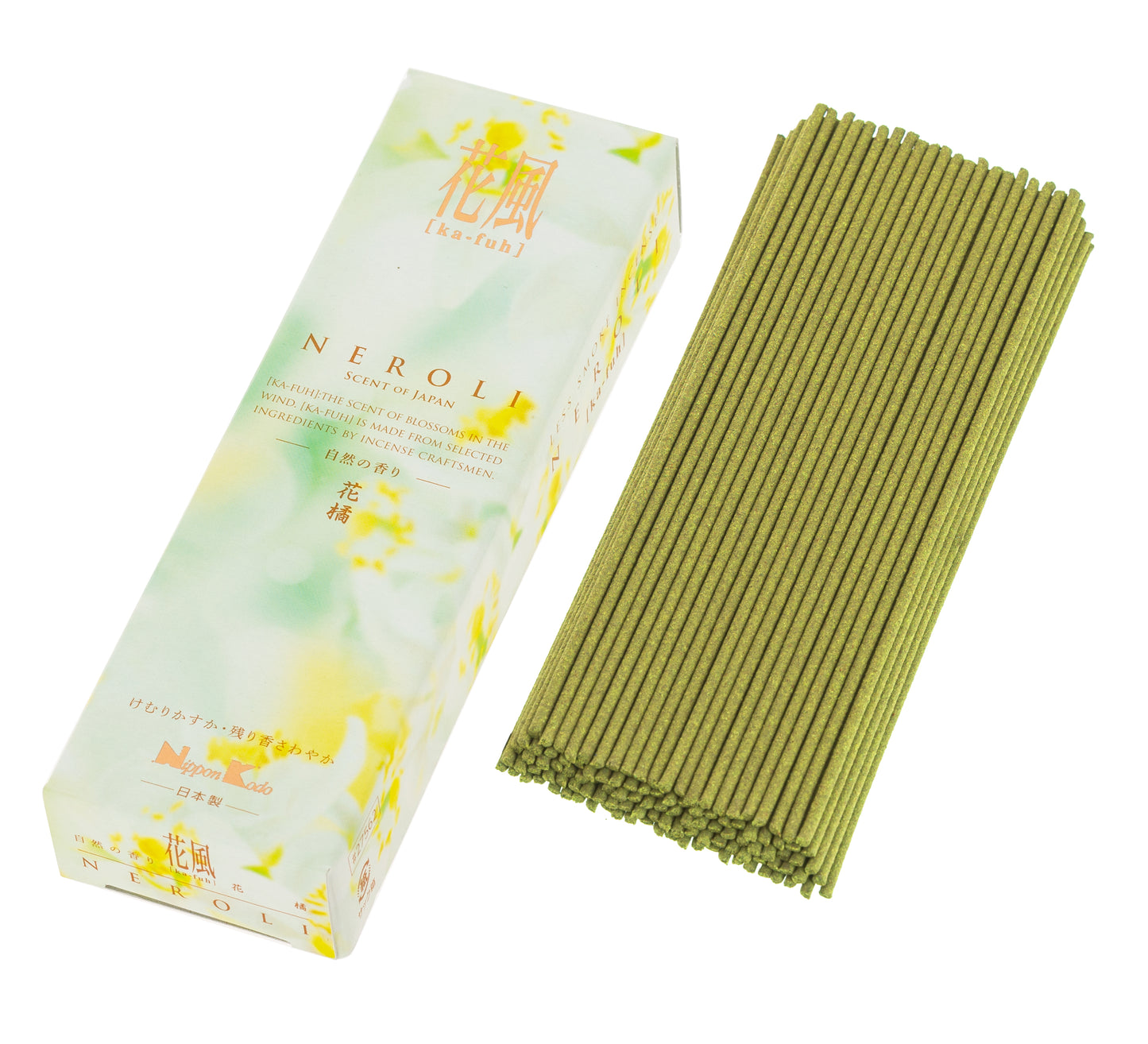 Caja de incienso con motivo floral verde y amarillo, ka-fuh neroli y barritas de incienso, fondo blanco.