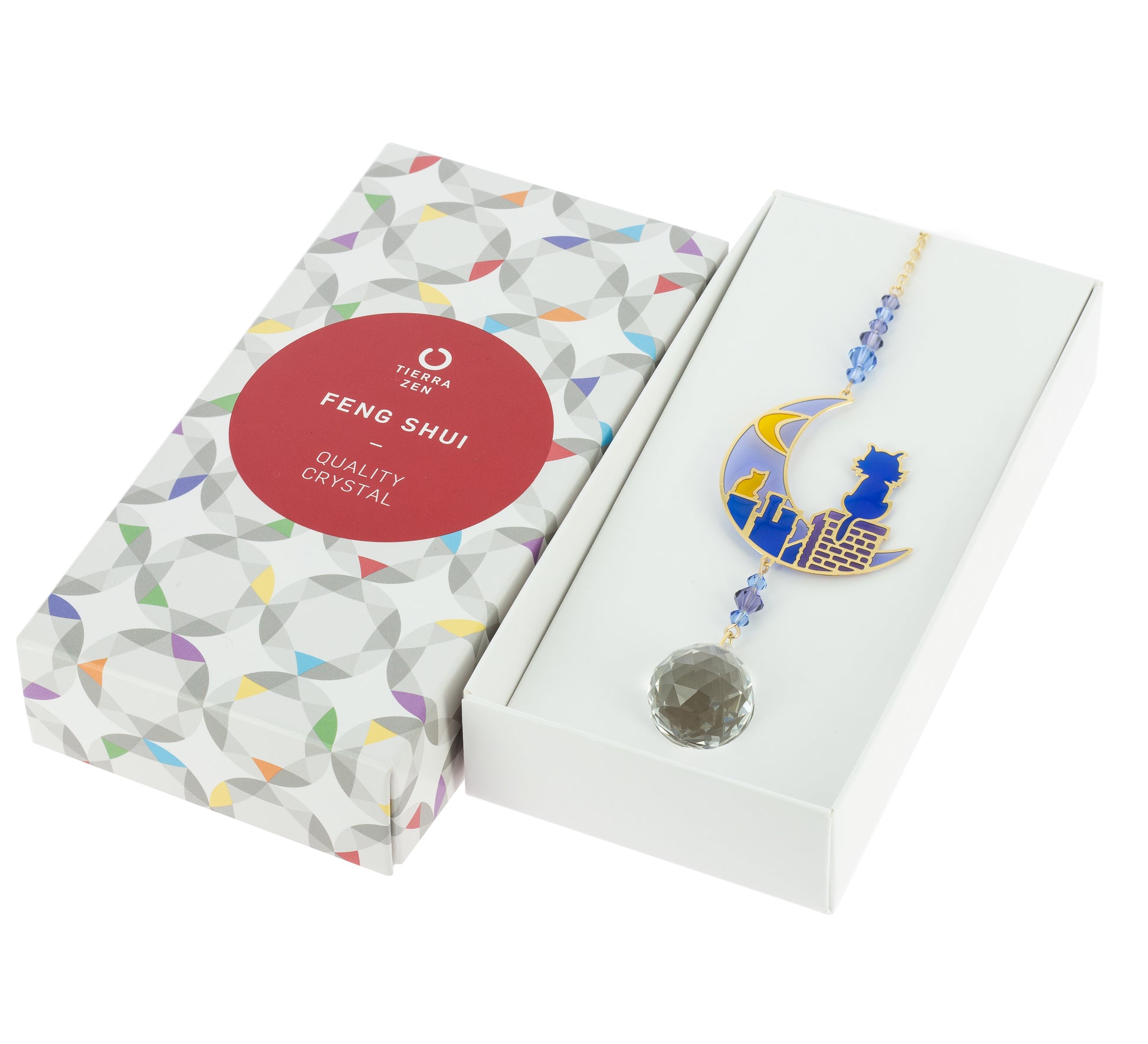 Bola de cristal Feng Shui, gato azul y luna azul, caja de regalo con círculo rojo