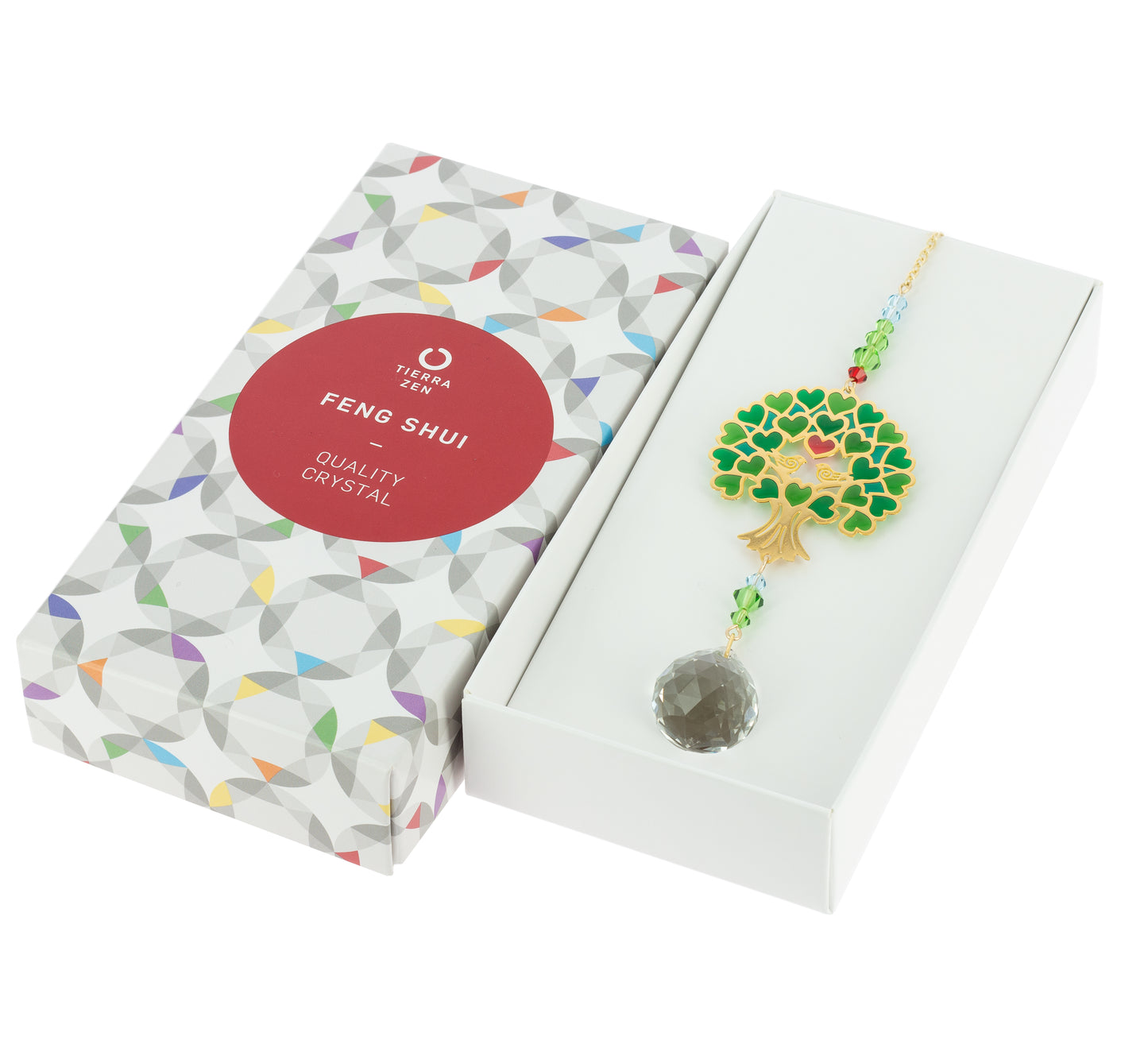 Bola de cristal Feng Shui, árbol de la vida verde, caja de regalo con círculo rojo