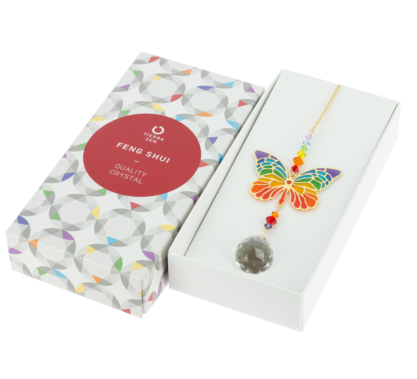 Bola de cristal Feng Shui, mariposa arcoíris, caja de regalo con círculo rojo