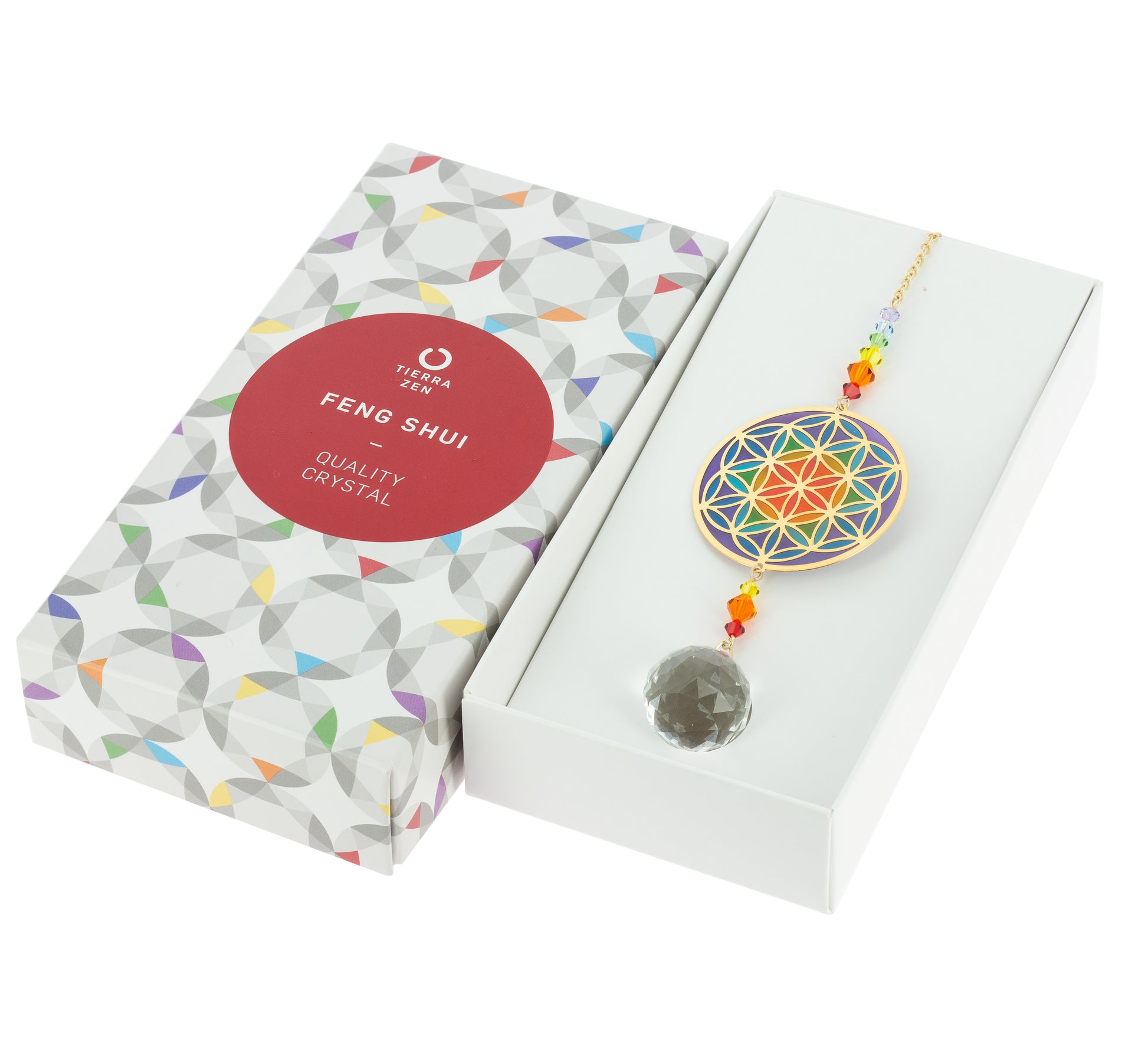 Bola de cristal Feng Shui  flor de la vida multicolor, caja de regalo con círculo rojo