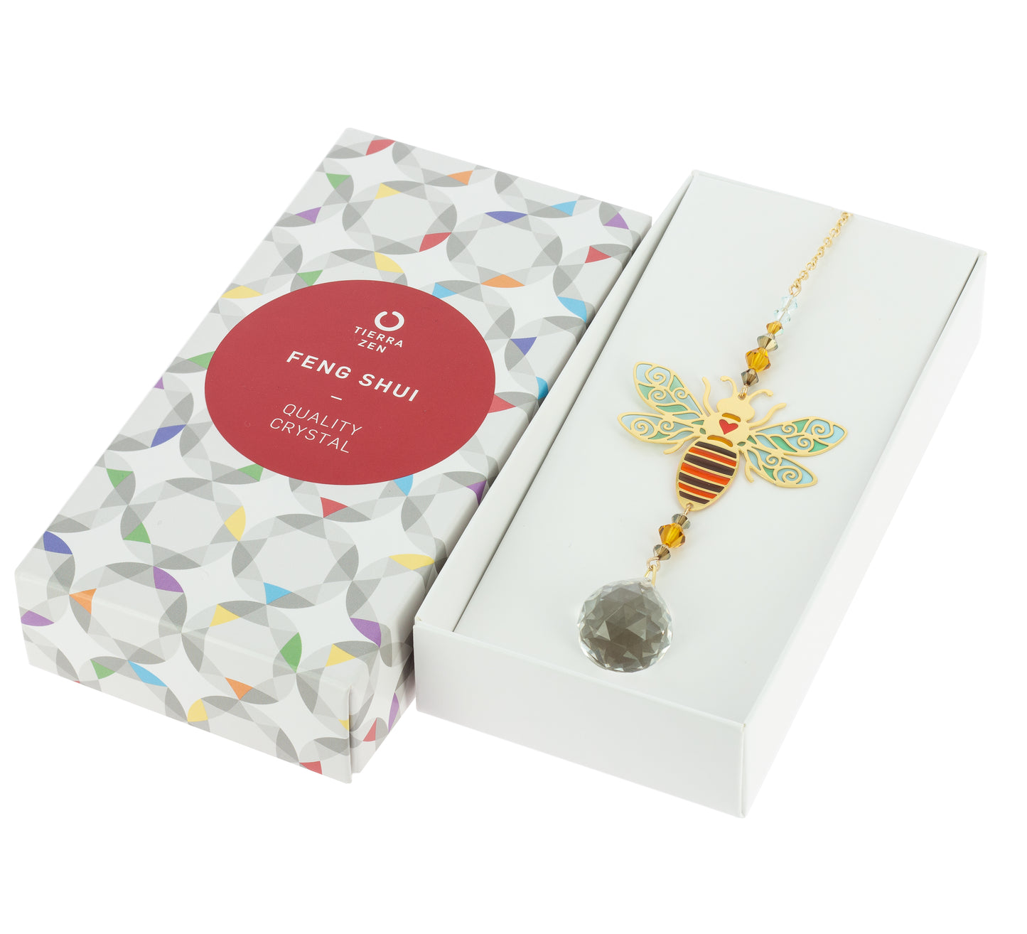 Bola de cristal Feng Shui, abeja dorada, caja de regalo con círculo rojo