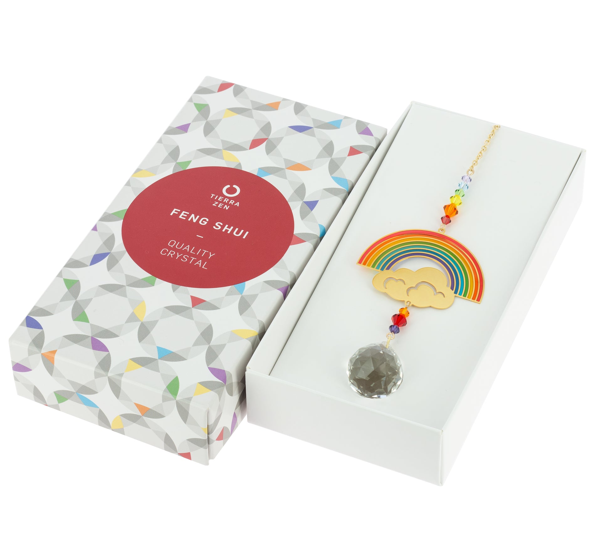 Bola de cristal Feng Shui, arcoiris con nube, caja de regalo con círculo rojo