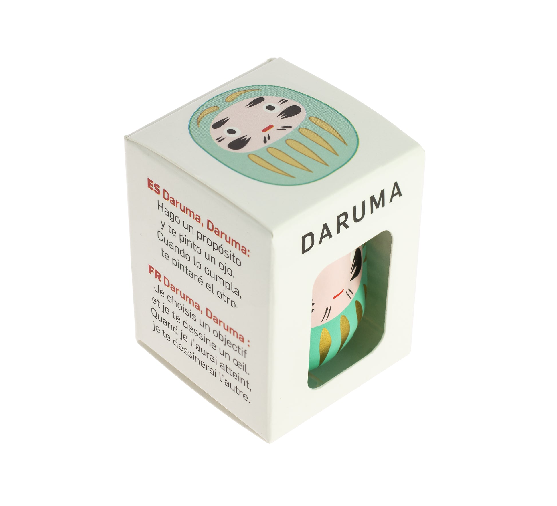 Caja regalo, daruma turquesa, fondo blanco