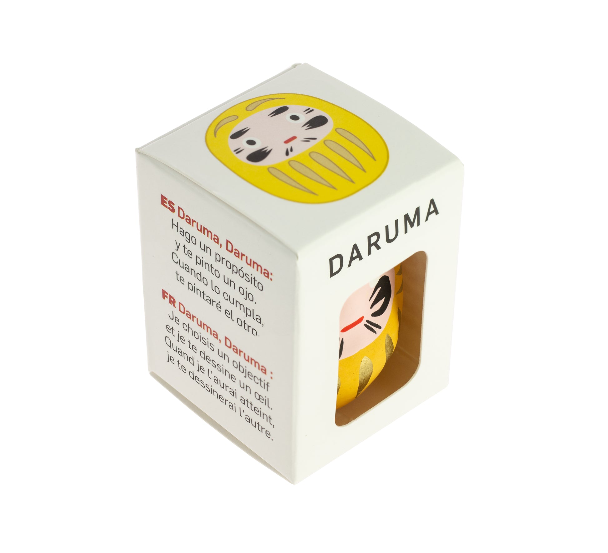 Caja regalo, daruma amarillo, fondo blanco