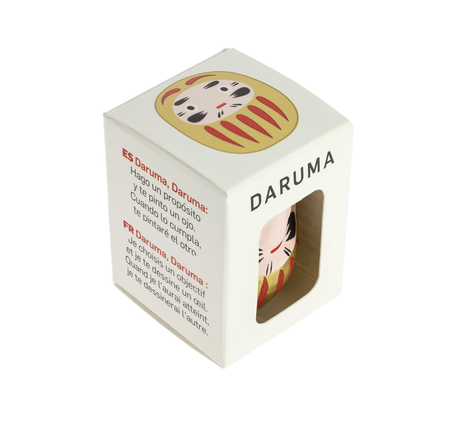 Caja regalo, daruma dorado, fondo blanco