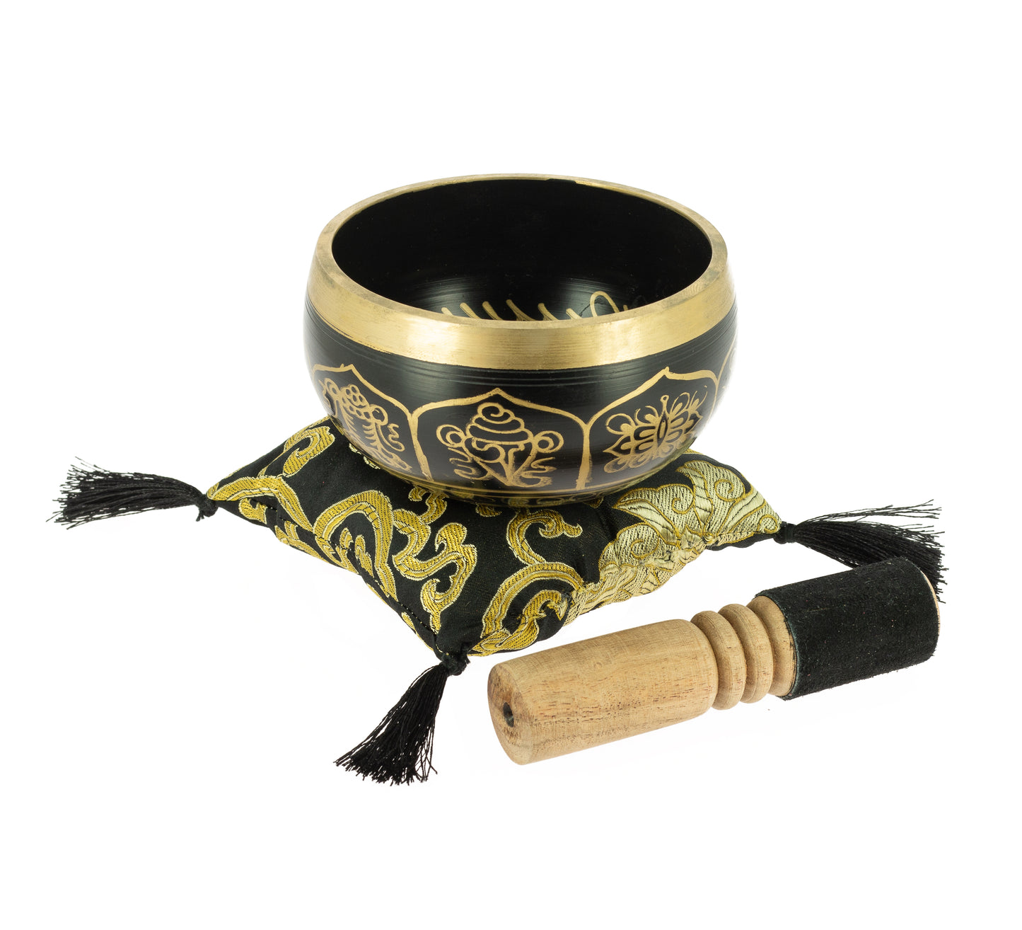 Tibetan Singing Bowl with Symbols - Black, 10 cm