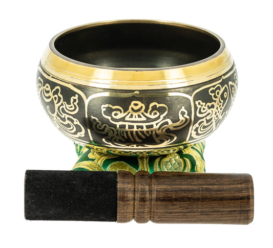 Tibetan Singing Bowl with Symbols - Black, 10 cm